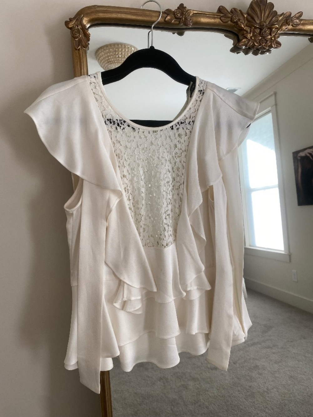Marissa Webb Ruffle Satin and Lace White Open Back Top Size S